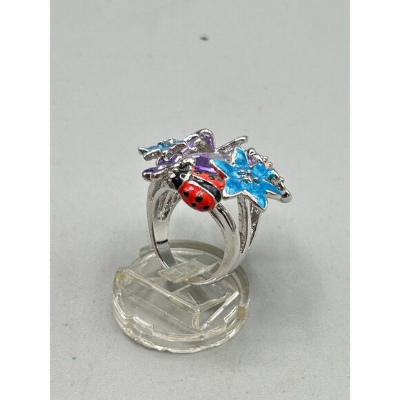 Enamel Flowers & Butterfly Ring Size 7 Silver Tone Cocktail Ring Summer Colorful - Picture 4 of 9
